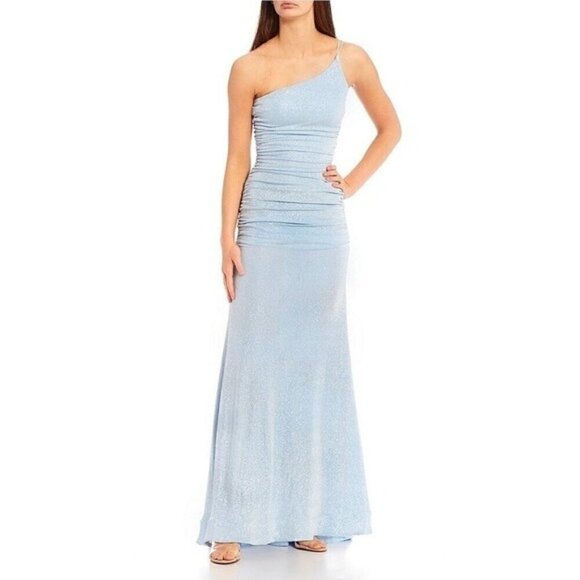 B. Darlin One-Shoulder Side Shirred Long Gown  DRESS  Periwinkle/Silver blue 1/2 - Picture 1 of 13